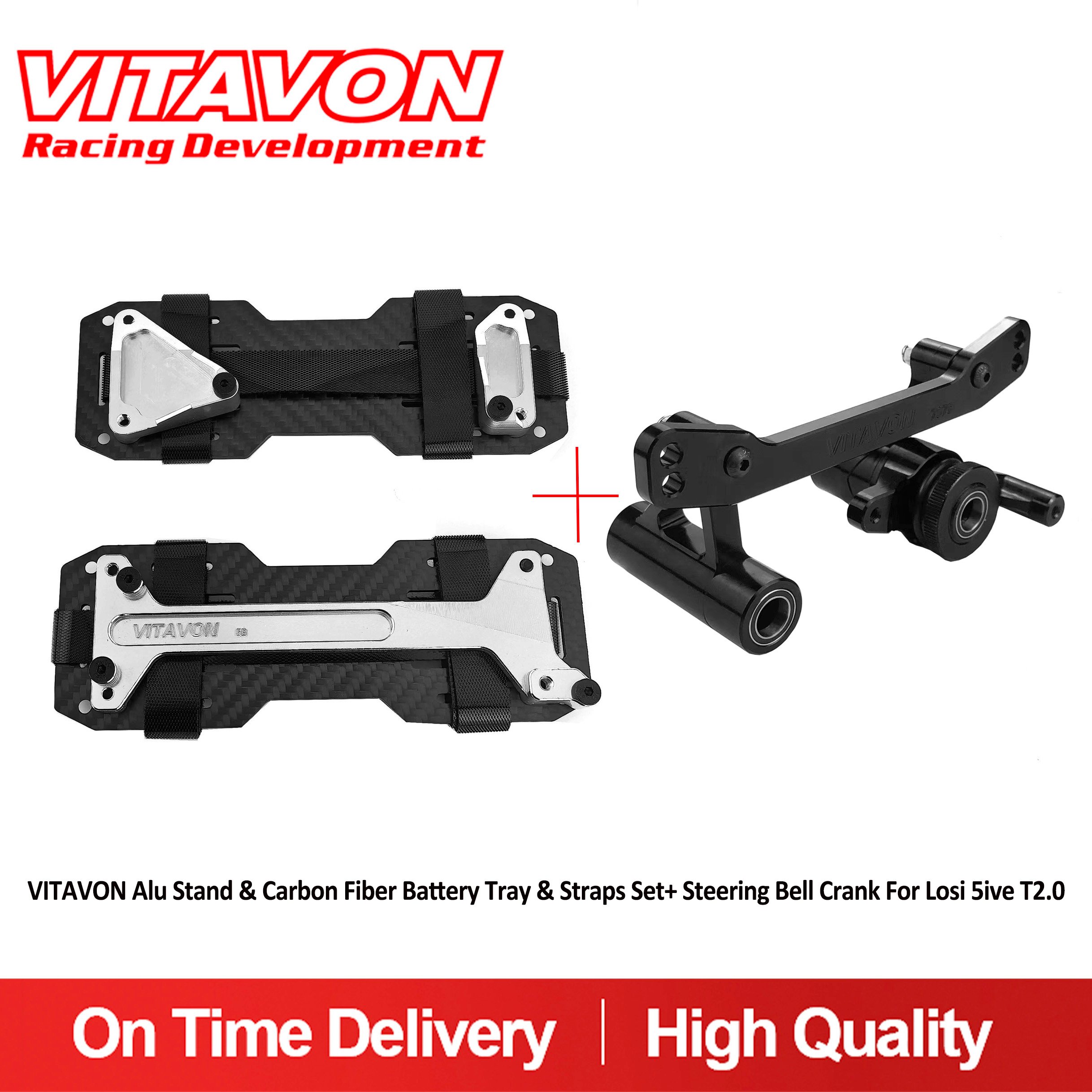 VITAVON Alu Stand & Carbon Fiber Battery Tray & Straps Set+ Steering Bell Crank For Losi 5ive T2.0