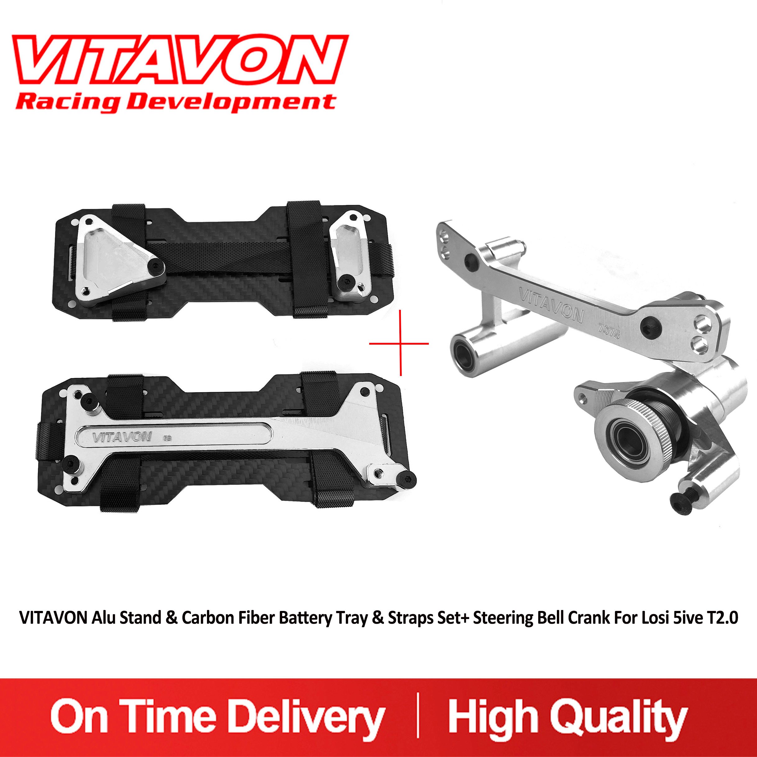 VITAVON Alu Stand & Carbon Fiber Battery Tray & Straps Set+ Steering Bell Crank For Losi 5ive T2.0