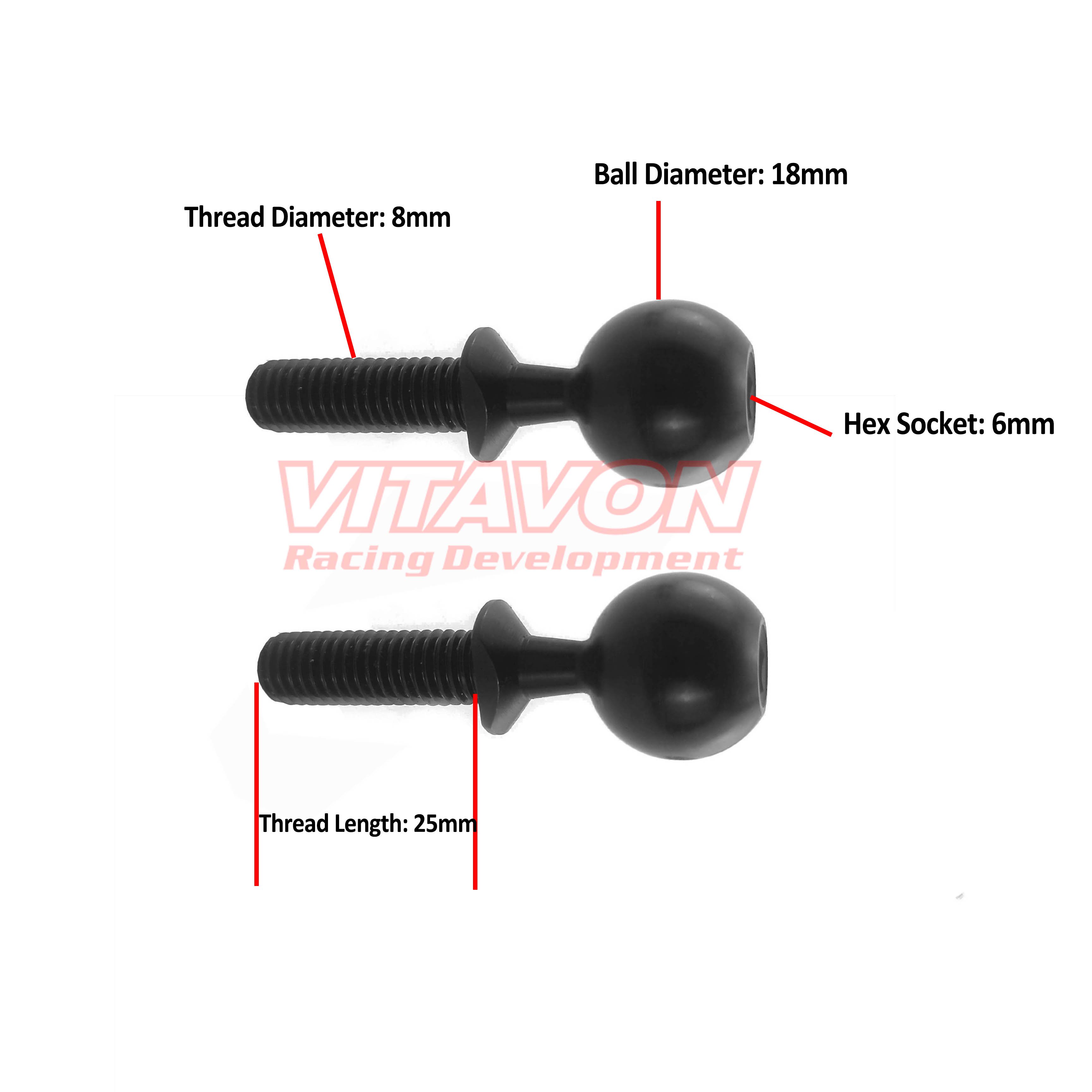 VITAVON HD Steel 18mm Pivot Ball M8x25mm For Arrma Kraton 8S Outcast 8s,Sells as 2pcs