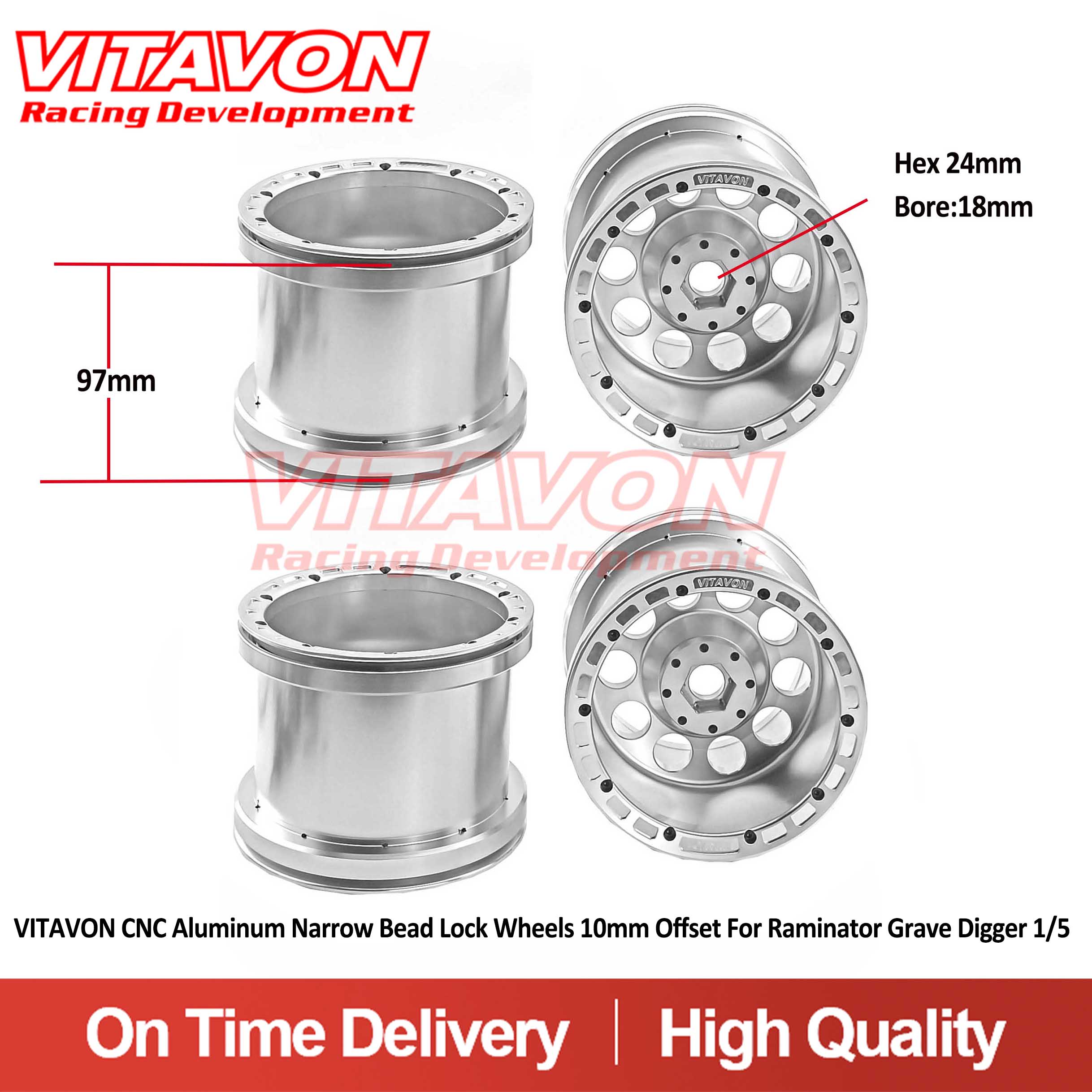 VITAVON CNC Aluminum Narrow Bead Lock Wheels 10mm offset for Raminator Grave Digger 1/5