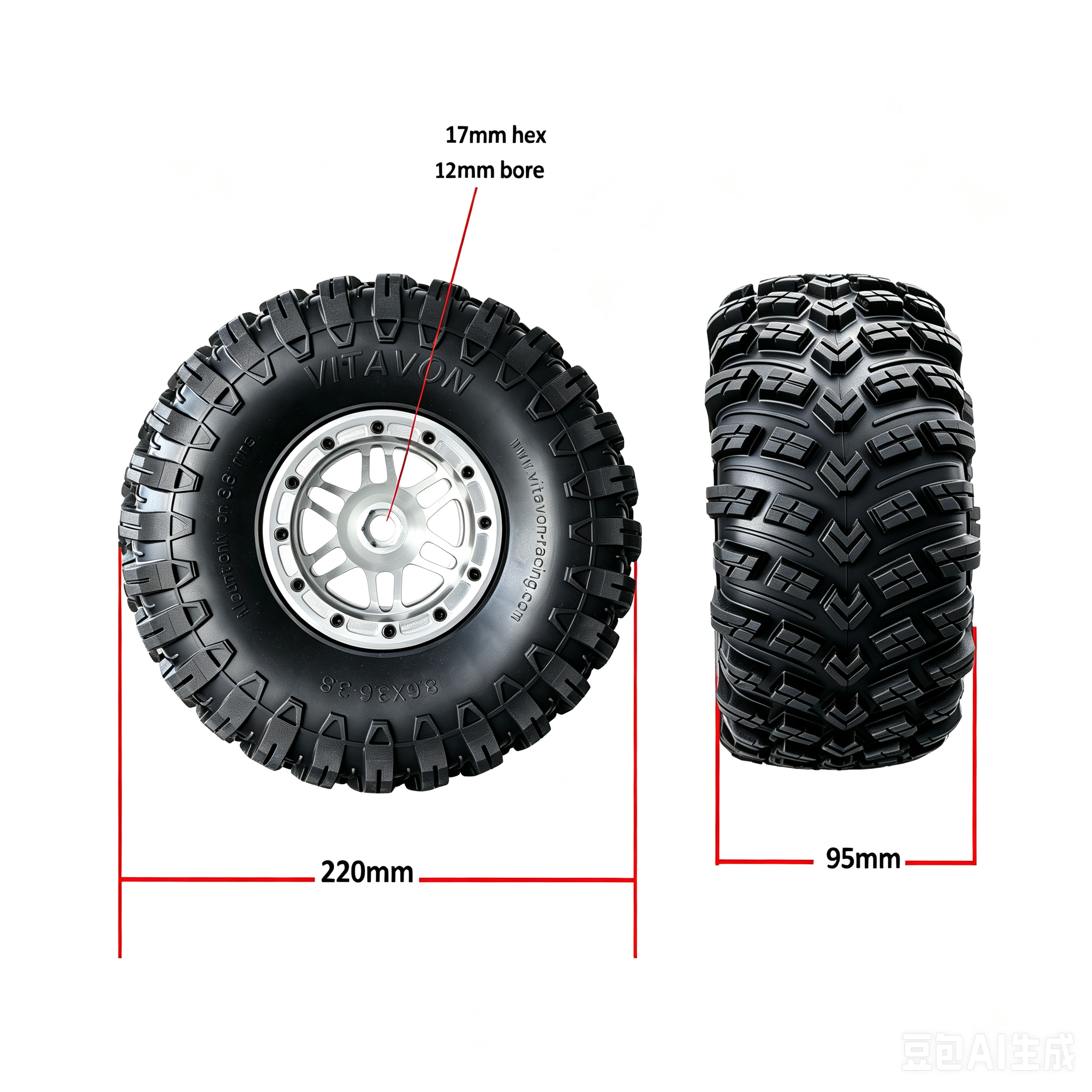 VITAVON Aluminum 3.8 Beadlock Wheel with 3.8 Tire For VITAVON SCX6 Bouncer Kit