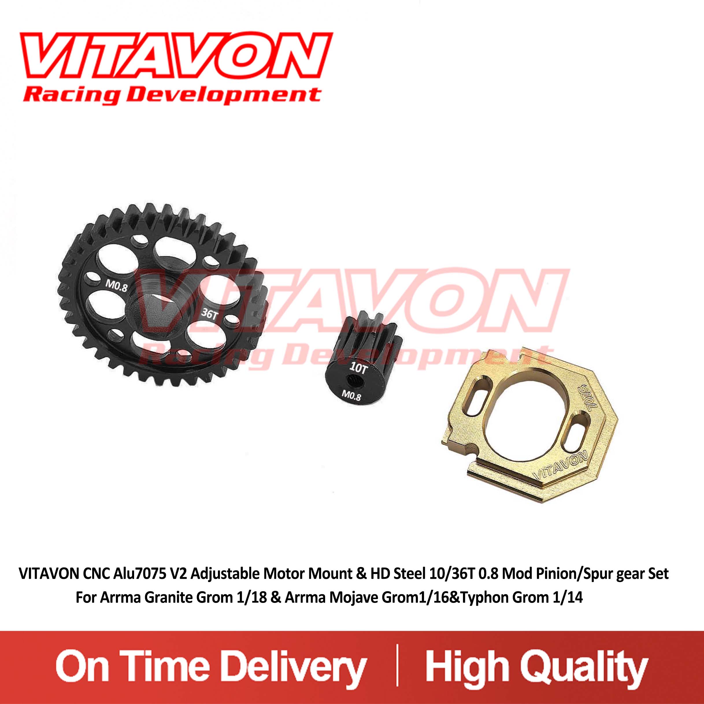 VITAVON CNC Alu7075 V2 Adjustable Motor Mount & HD Steel 10/36T 0.8 Mod Pinion/Spur gear SetFor Arrma Granite Grom 1/18 & Arrma Mojave Grom 1/16 &Typhon Grom 1/14