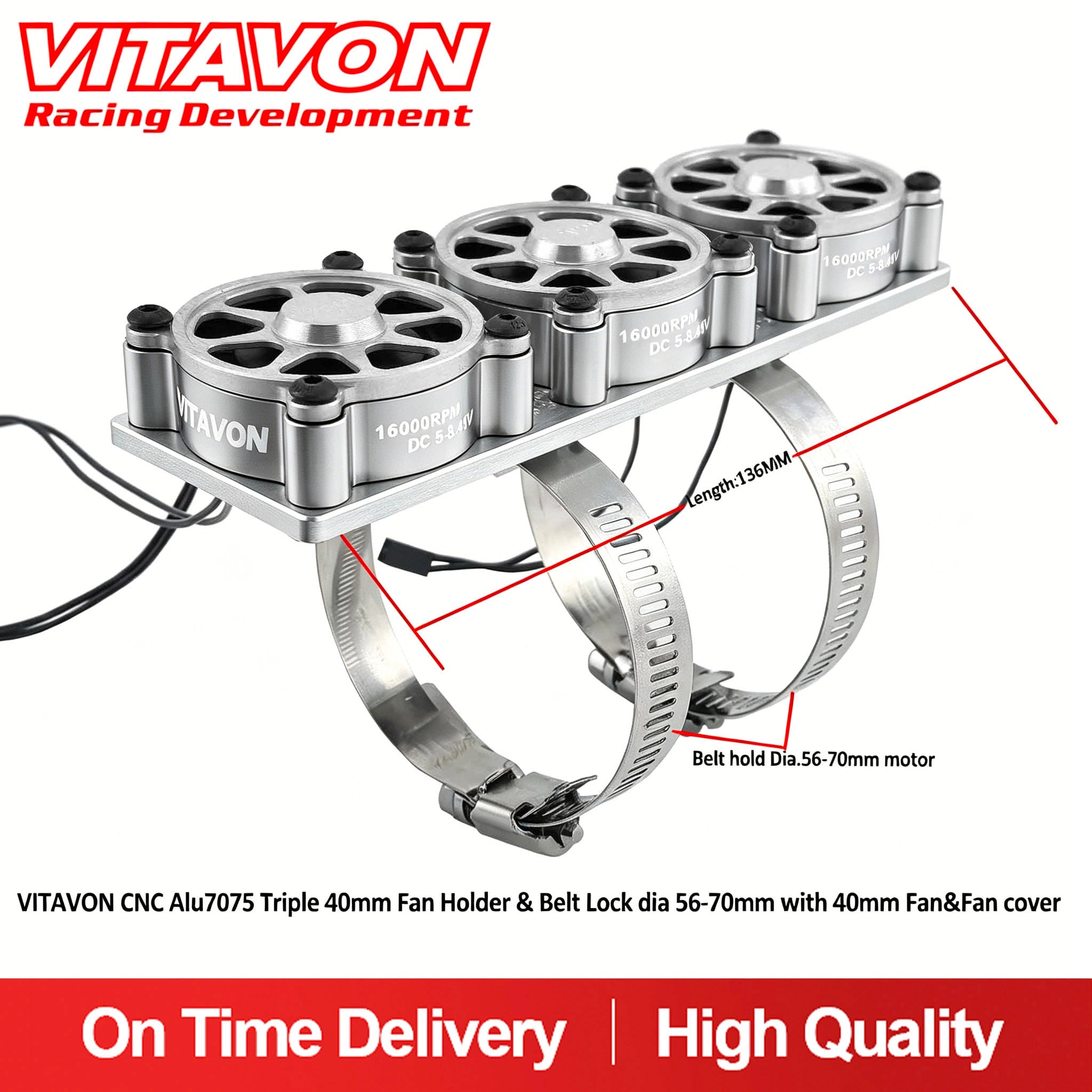 VITAVON CNC Alu7075 Triple 40mm Fan Holder & Belt Lock dia 56-70mm with 40mm Fan&Fan cover