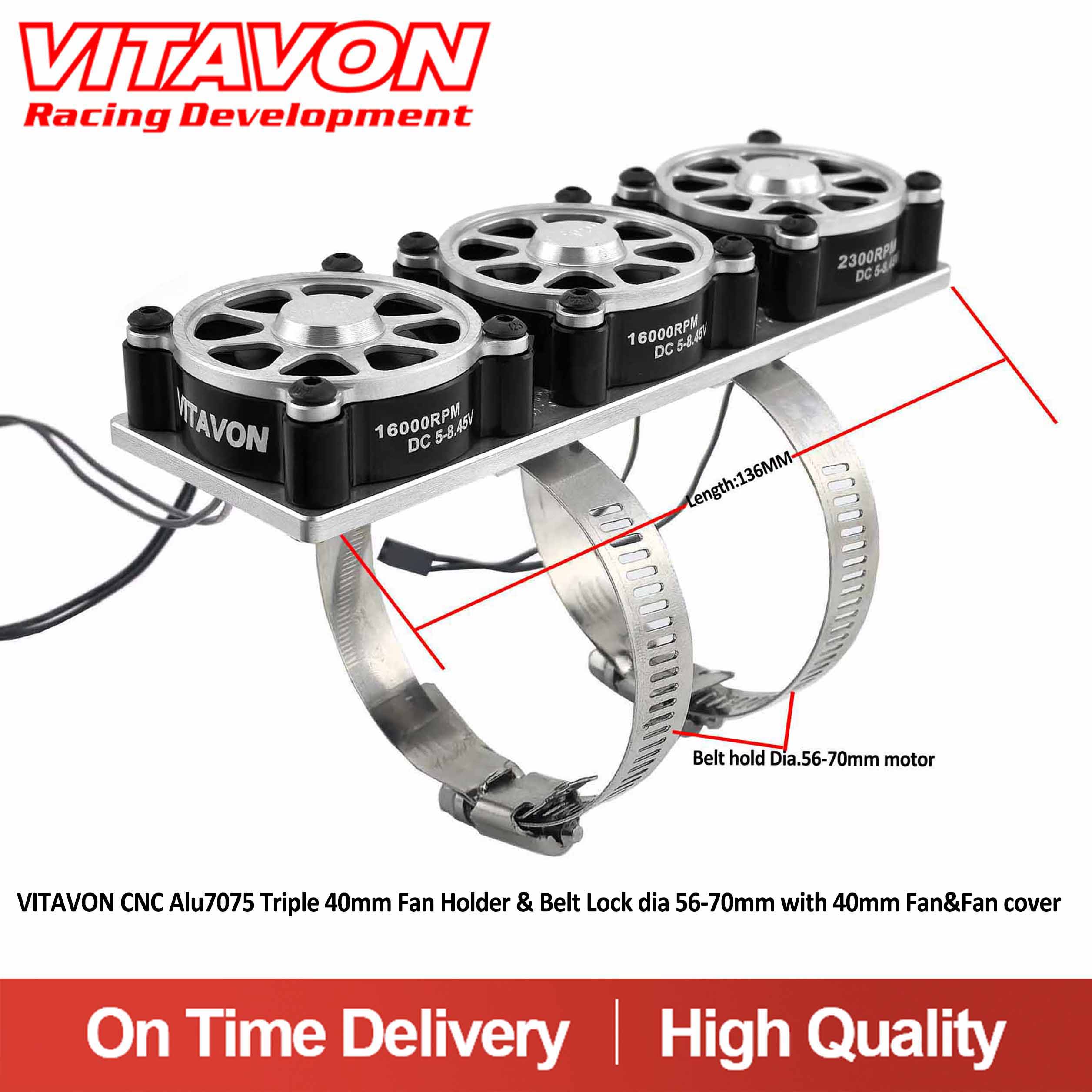 VITAVON CNC Alu7075 Triple 40mm Fan Holder & Belt Lock dia 56-70mm with 40mm Fan&Fan cover