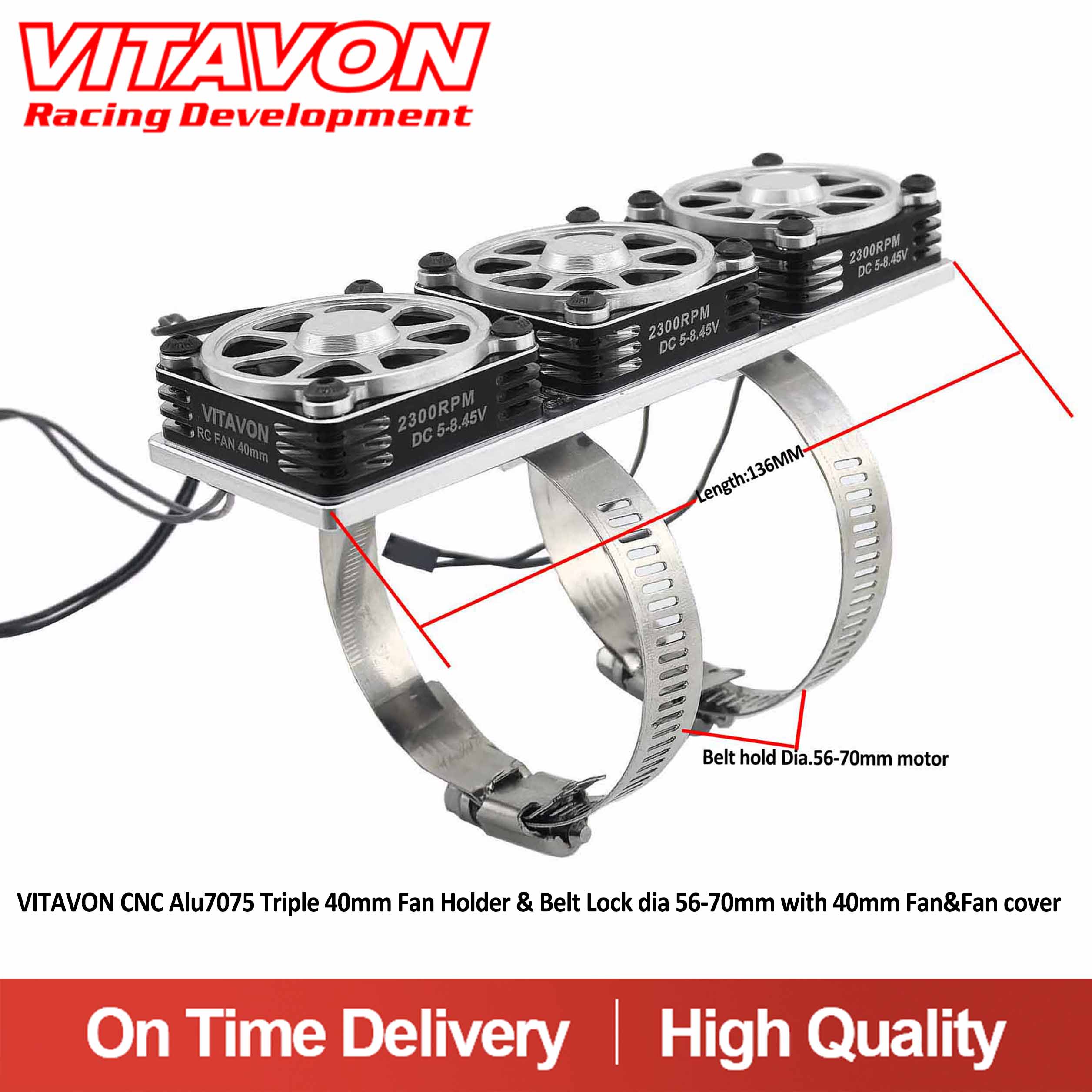 VITAVON CNC Alu7075 Triple 40mm Fan Holder & Belt Lock dia 56-70mm with 40mm Fan&Fan cover