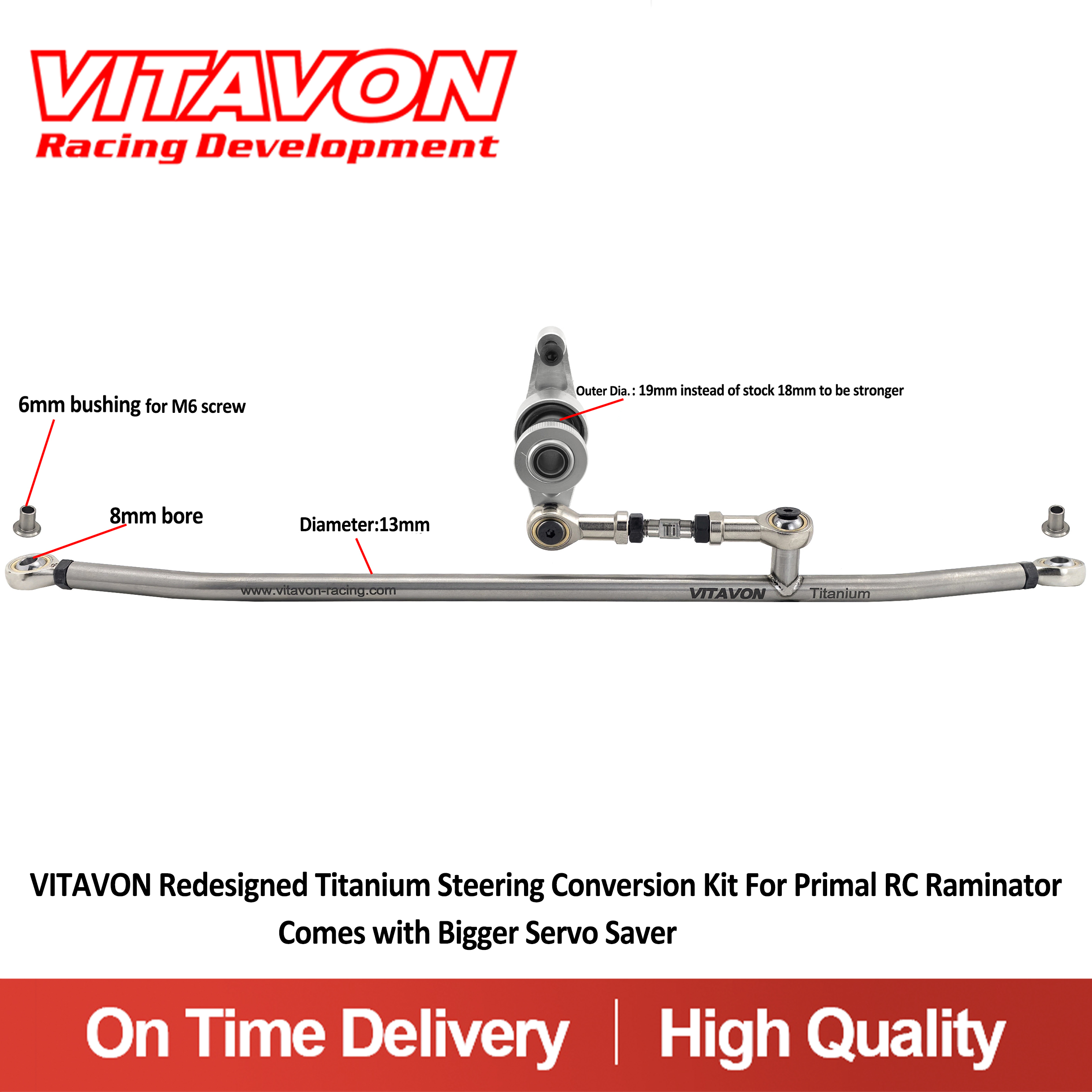 VITAVON Redesigned Titanium Steering Conversion Kit For Primal RC Raminator, Comes with Bigger Servo Saver