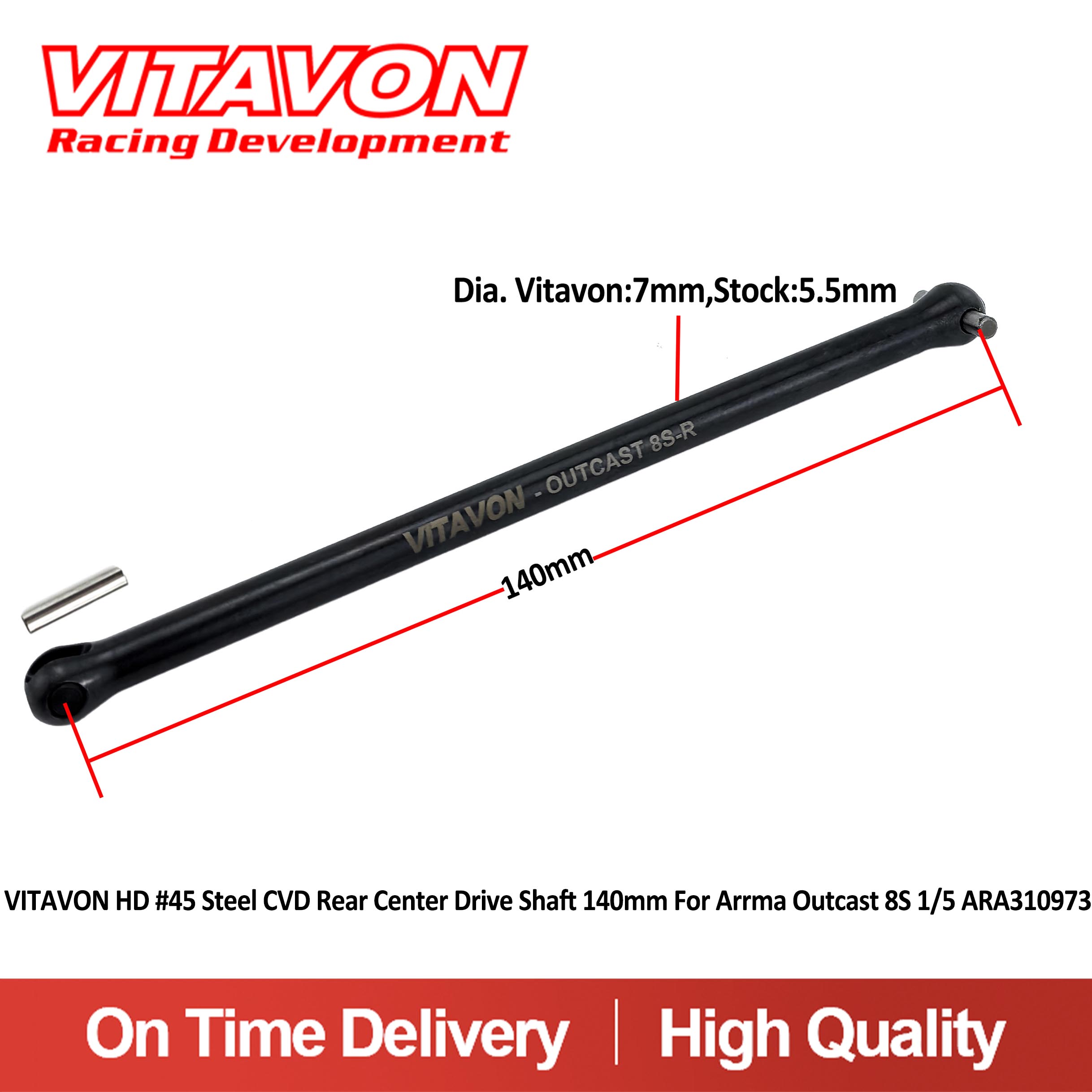 VITAVON HD #45 Steel CVD Rear Center Drive Shaft 140mm For Arrma Outcast 8S 1/5