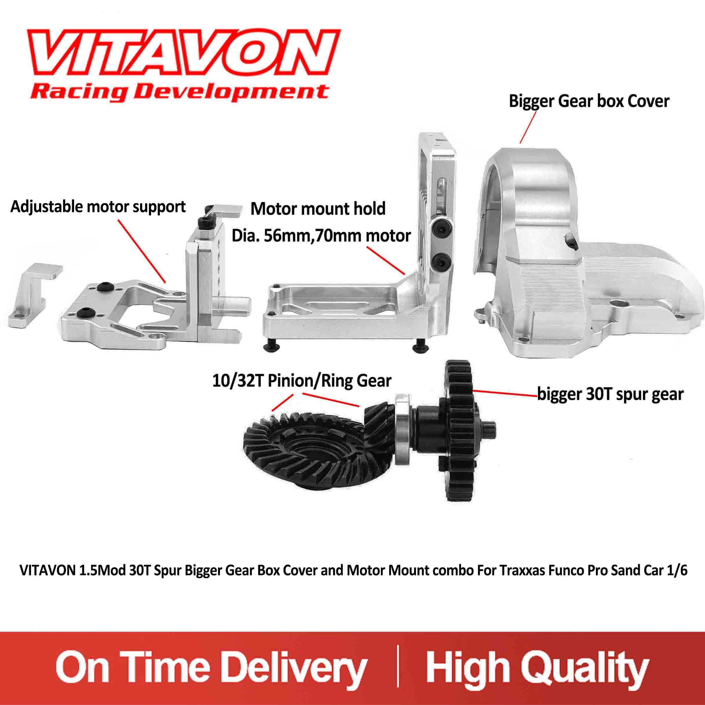VITAVON 1.5Mod 30T Spur Bigger Gear Box Cover and Motor Mount combo For Traxxas Funco Pro Sand Car 1/6