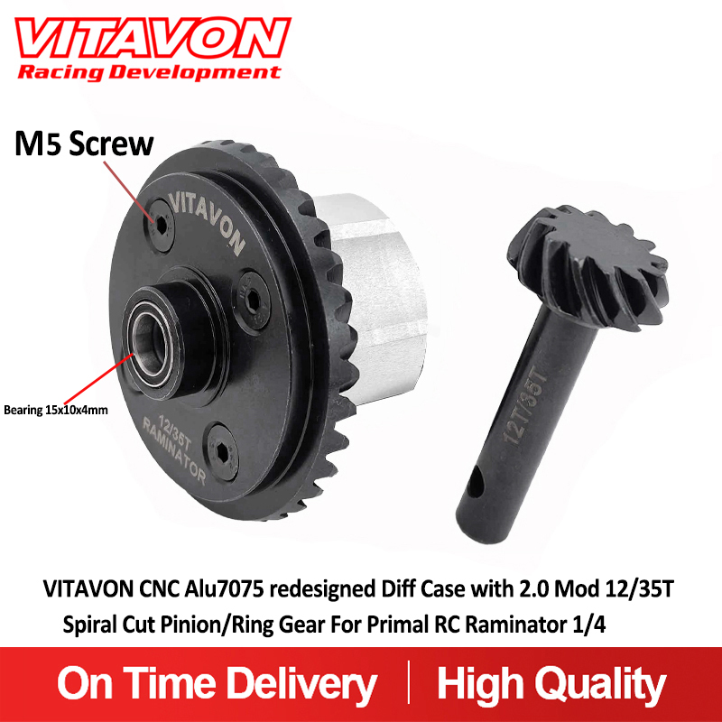 VITAVON CNC Alu7075 redesigned Diff Case with 2.0 Mod 12/35T Spiral Cut Pinion/Ring Gear For Primal RC Raminator 1/4,NOT fits for V4