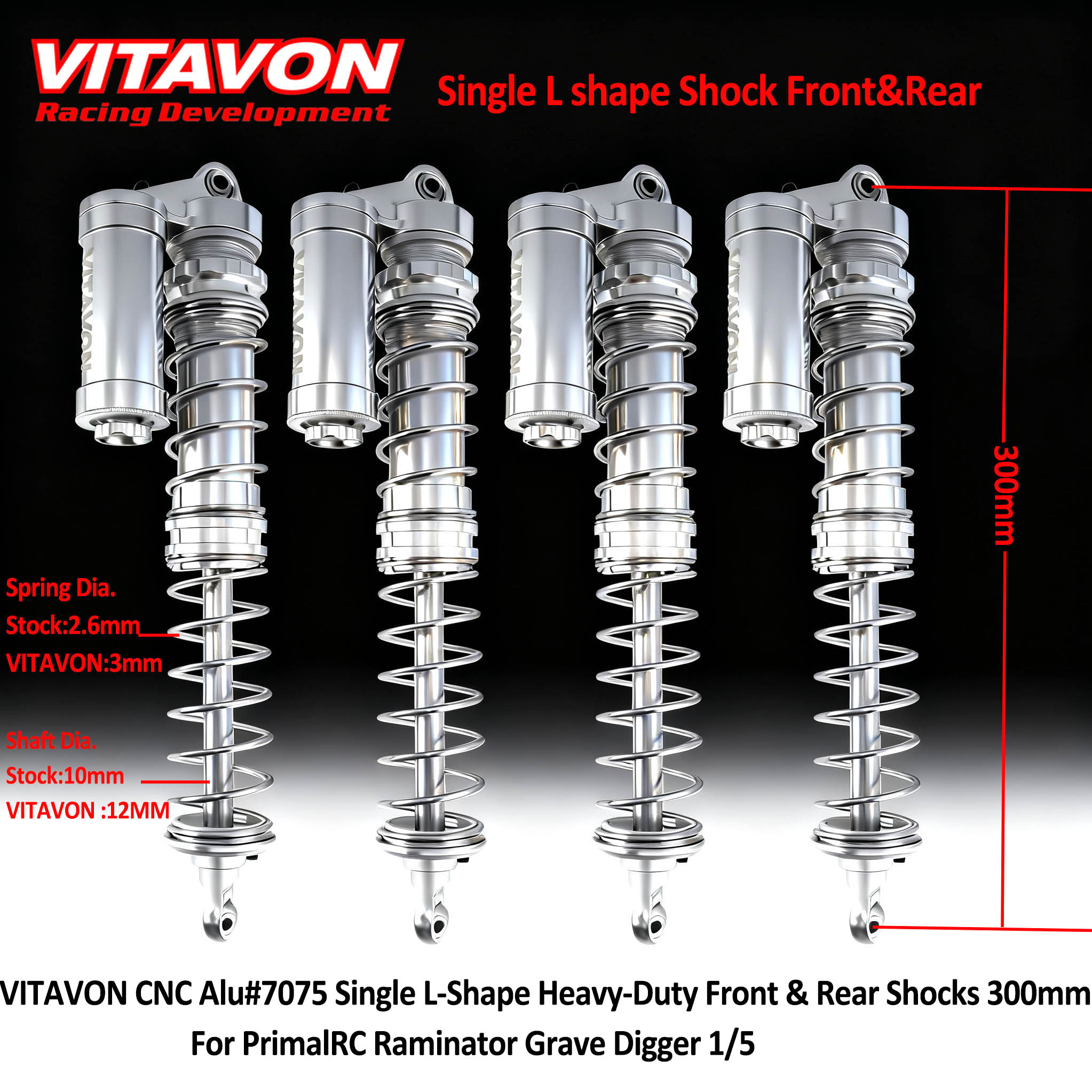 VITAVON CNC Alu#7075 L-Shape Heavy-Duty Front & Rear Shocks 300mm for PrimalRC Raminator Grave Digger 1/5