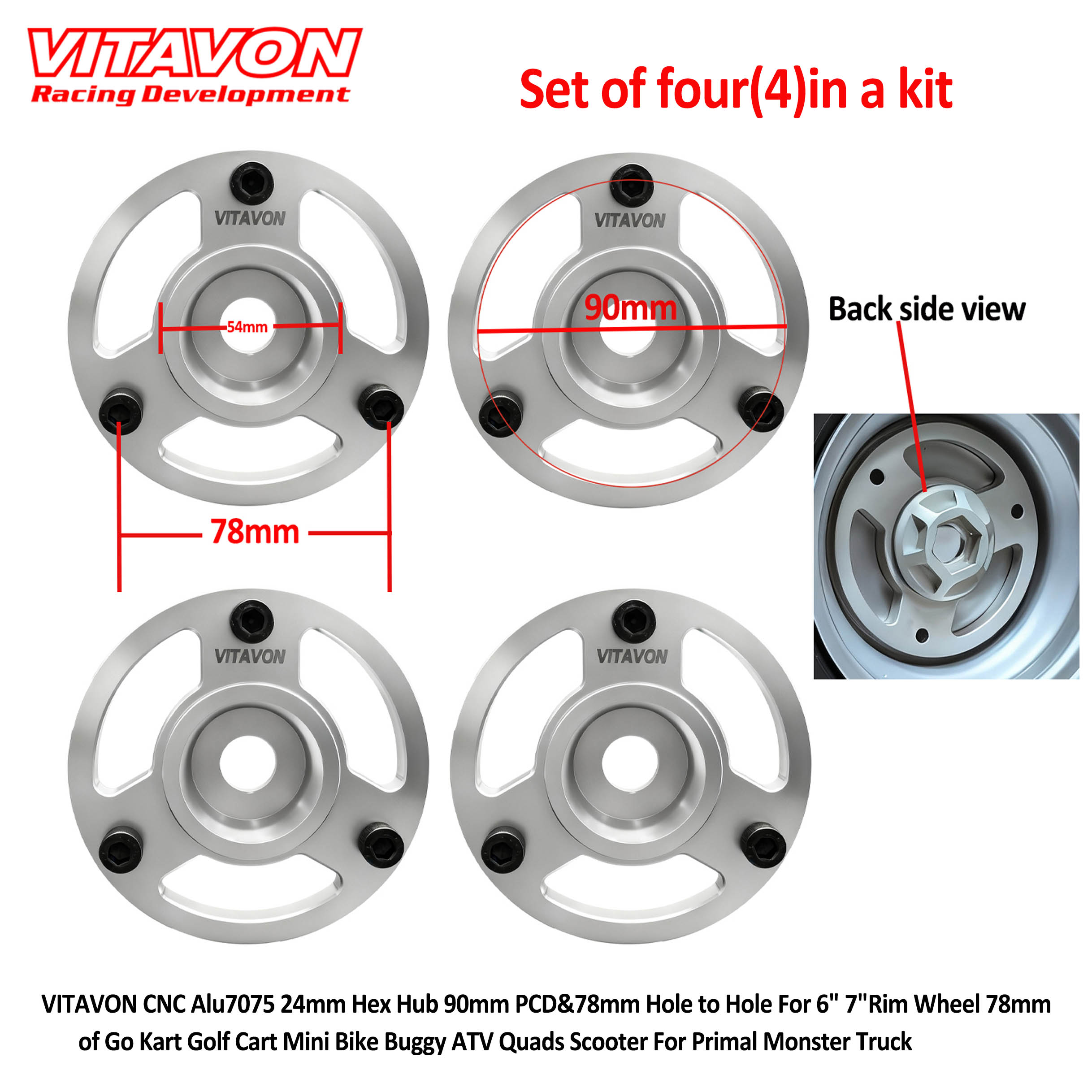 VITAVON CNC Alu#7075 Hex Hub Adapter 78mm for 6”wheel of Go Kart Golf Cart Mini Bike Buggy ATV Quads Sooter for Primal Monster Truck