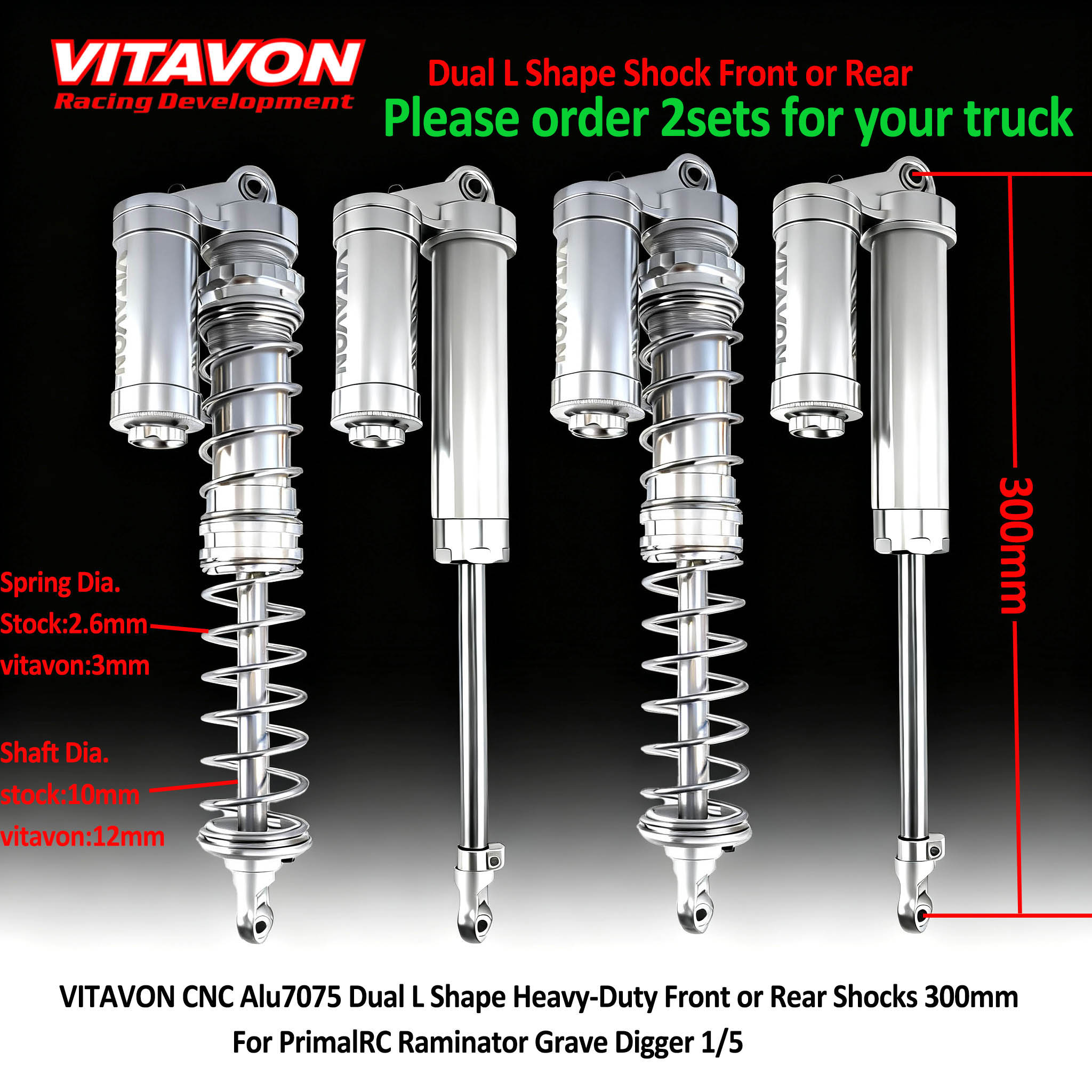 VITAVON CNC Alu#7075 L-Shape Heavy-Duty Front & Rear Shocks 300mm for PrimalRC Raminator Grave Digger 1/5