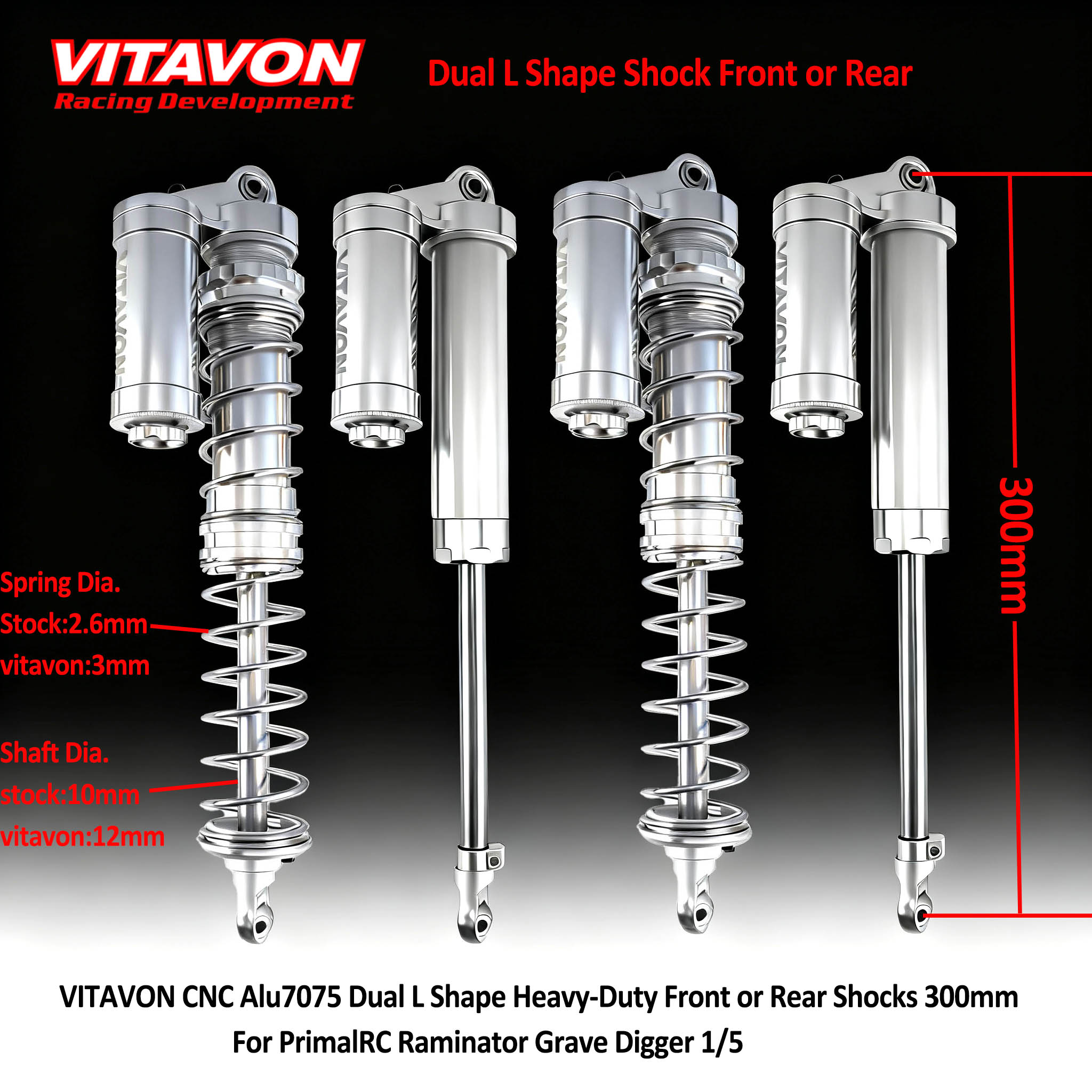 VITAVON CNC Alu#7075 L-Shape Heavy-Duty Front & Rear Shocks 300mm for PrimalRC Raminator Grave Digger 1/5