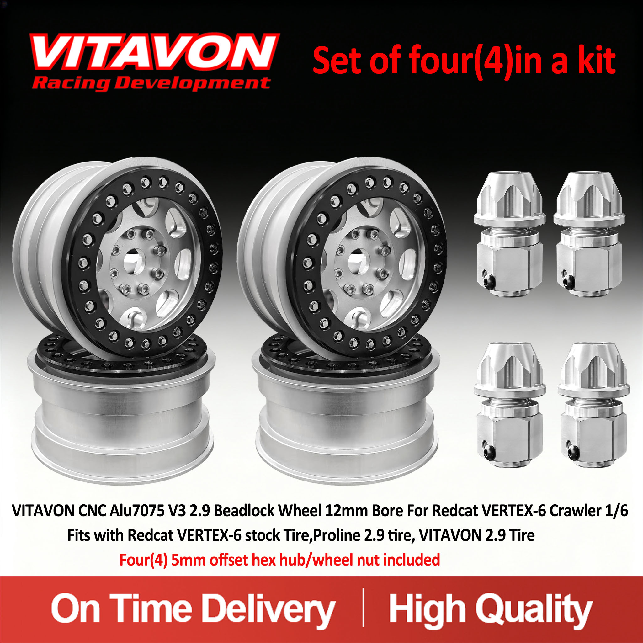 VITAVON CNC Aluminum 2.9 Bealock Wheel/Tire For Redcat VERTEX-6 1/6