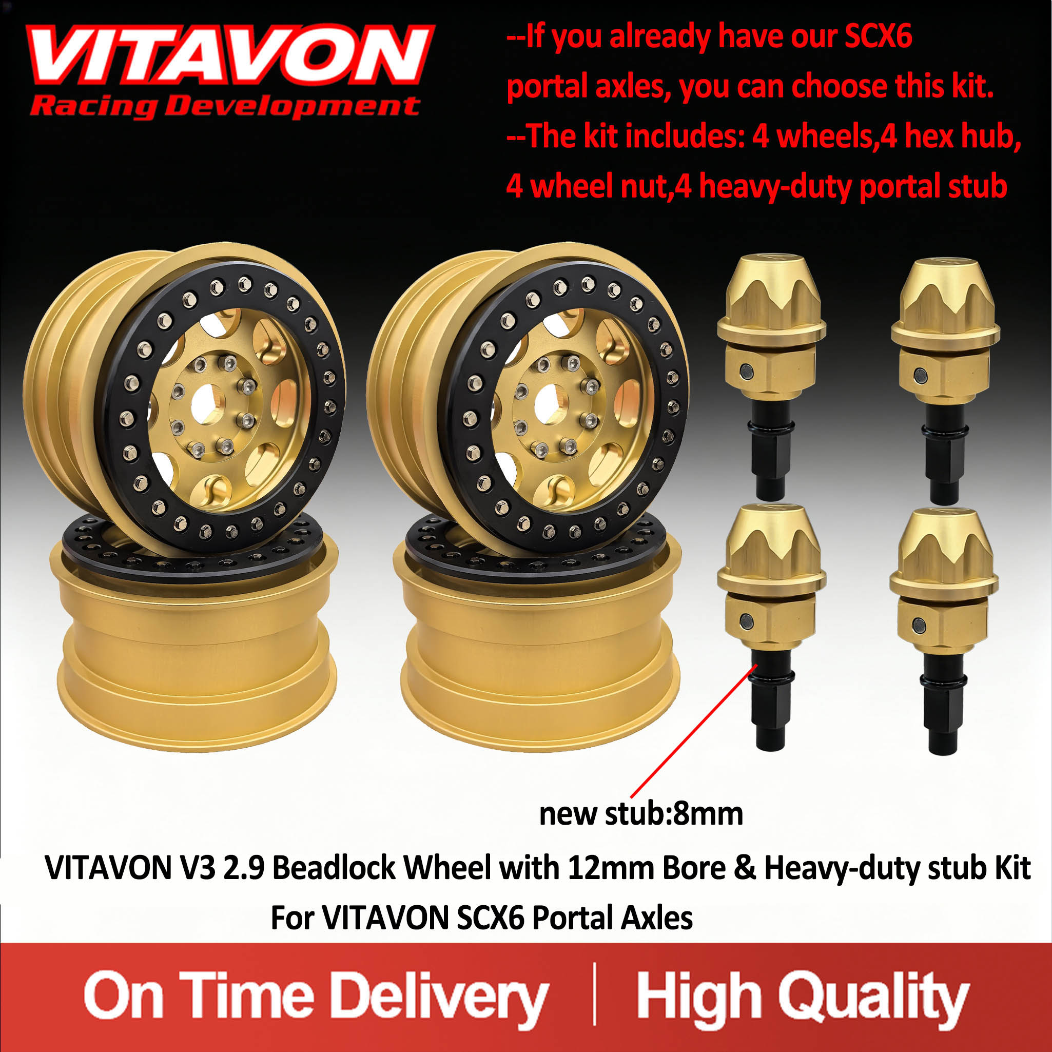 VITAVON 2.9 Tire/wheels 12mm Bore & 8mm Heavy Duty Stub For VITAVON SCX6 Portal Axle