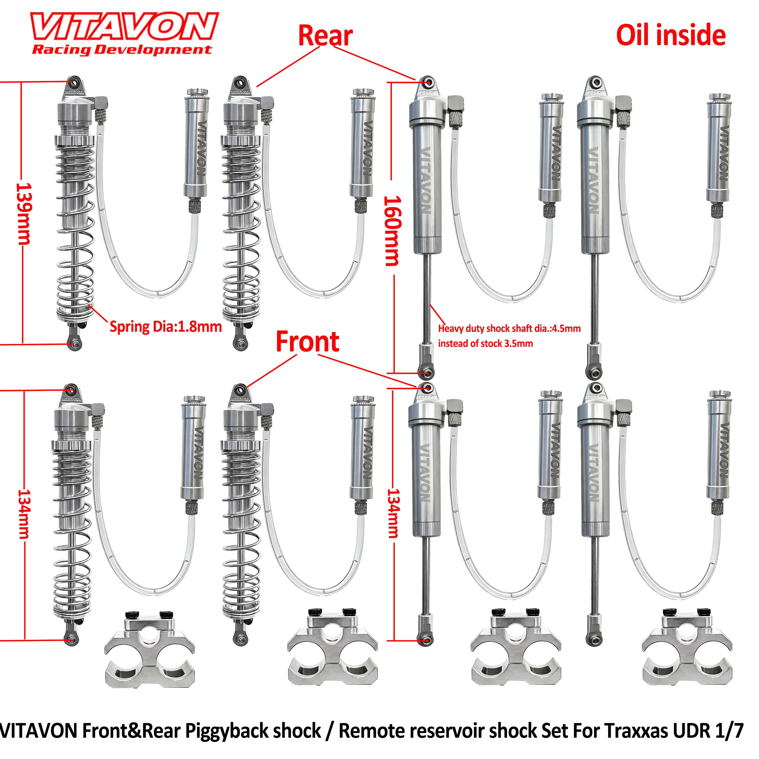 VITAVON Front&Rear Piggyback shock / Remote reservoir shock Set For Traxxas UDR 1/7