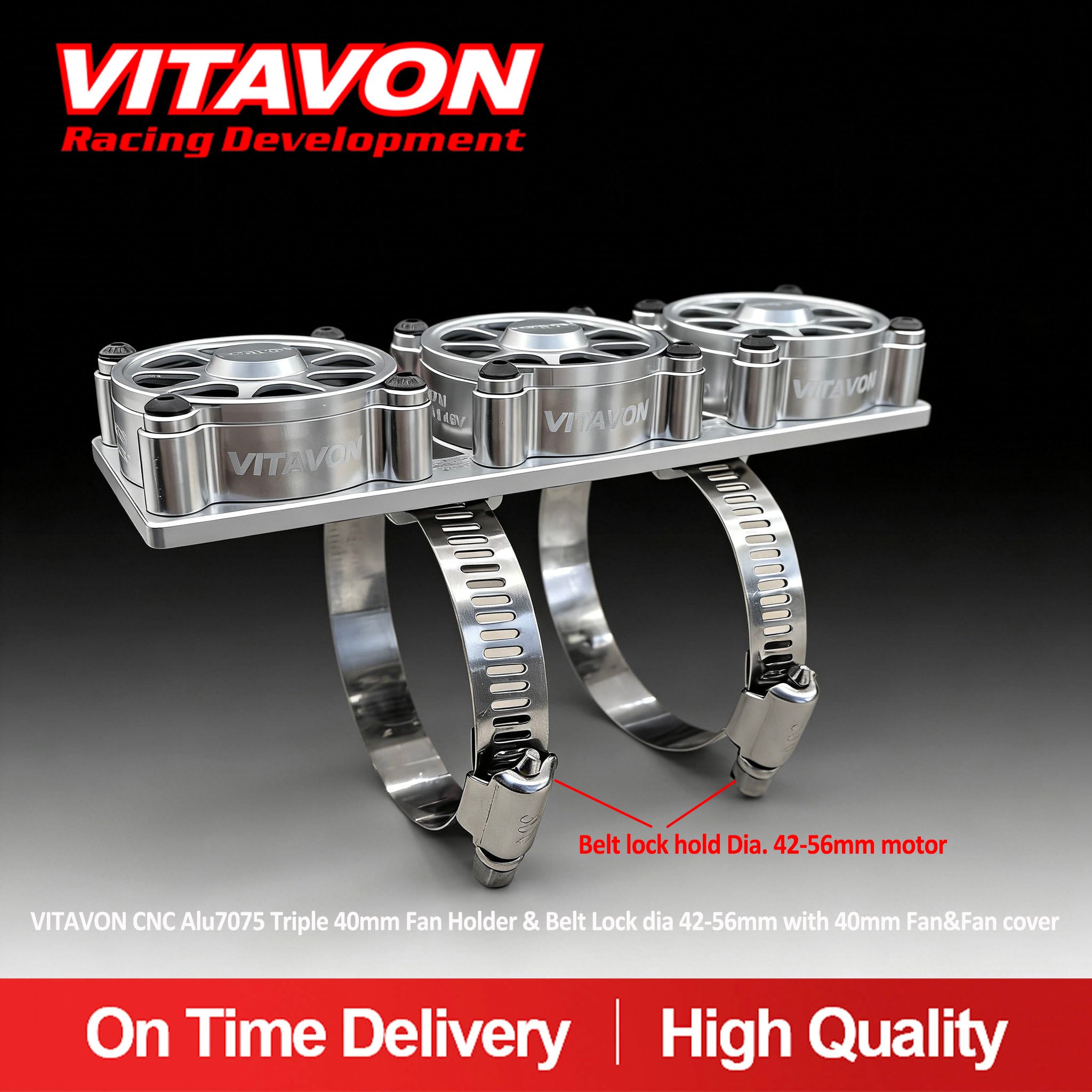VITAVON CNC Alu7075 Triple 40mm Fan Holder & Belt Lock dia 42-56mm with 40mm Fan&Fan cover