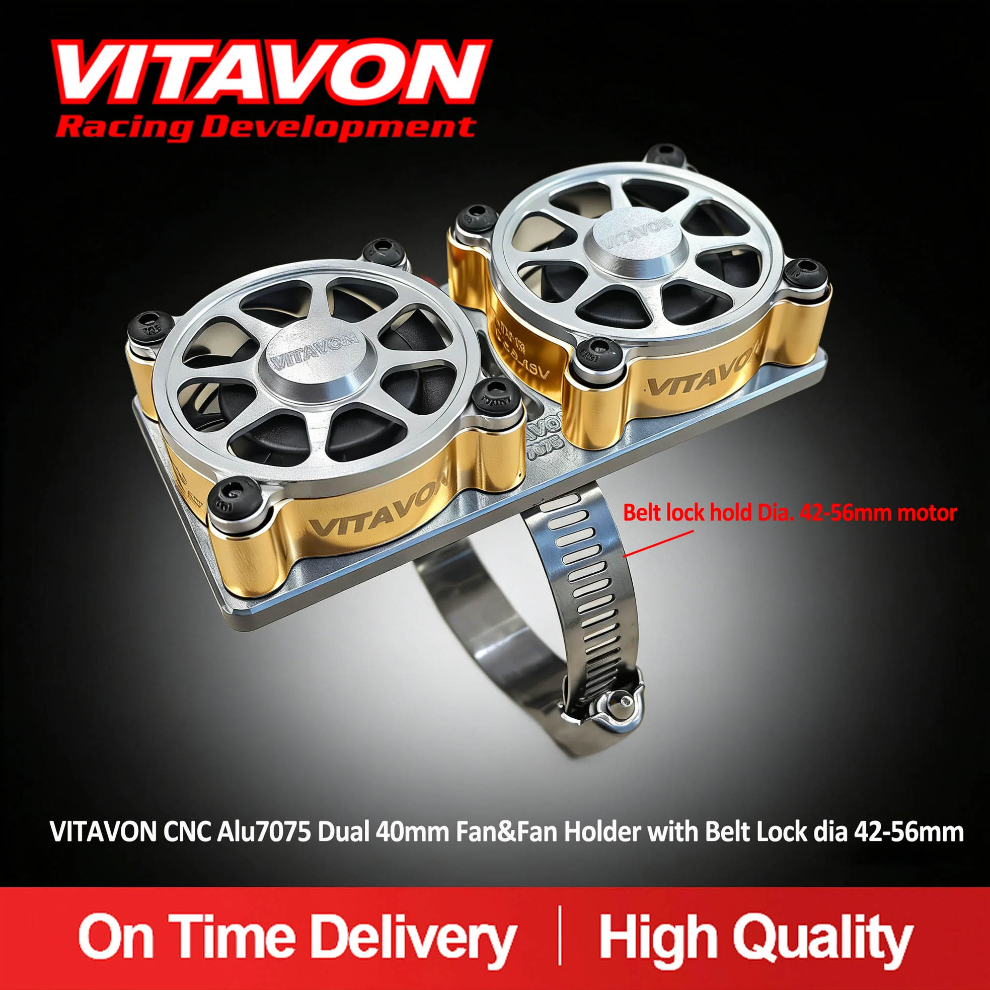 VITAVON CNC Alu7075 Dual 40mm Fan Holder & Belt Lock dia 42-56mm with 40mm Fan&Fan cover