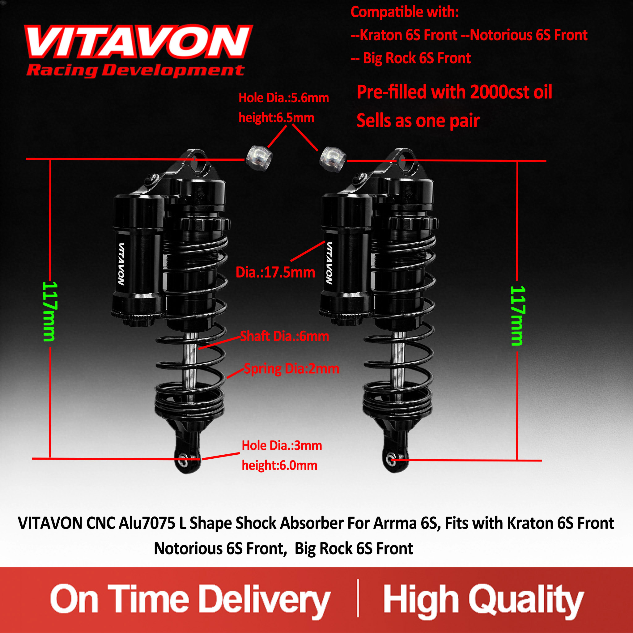 VITAVON CNC Alu7075 117mm L Shape Shock Absorber For Arrma 6S, Fits with Kraton 6S Front,Notorious 6S Front,  Big Rock 6S Front