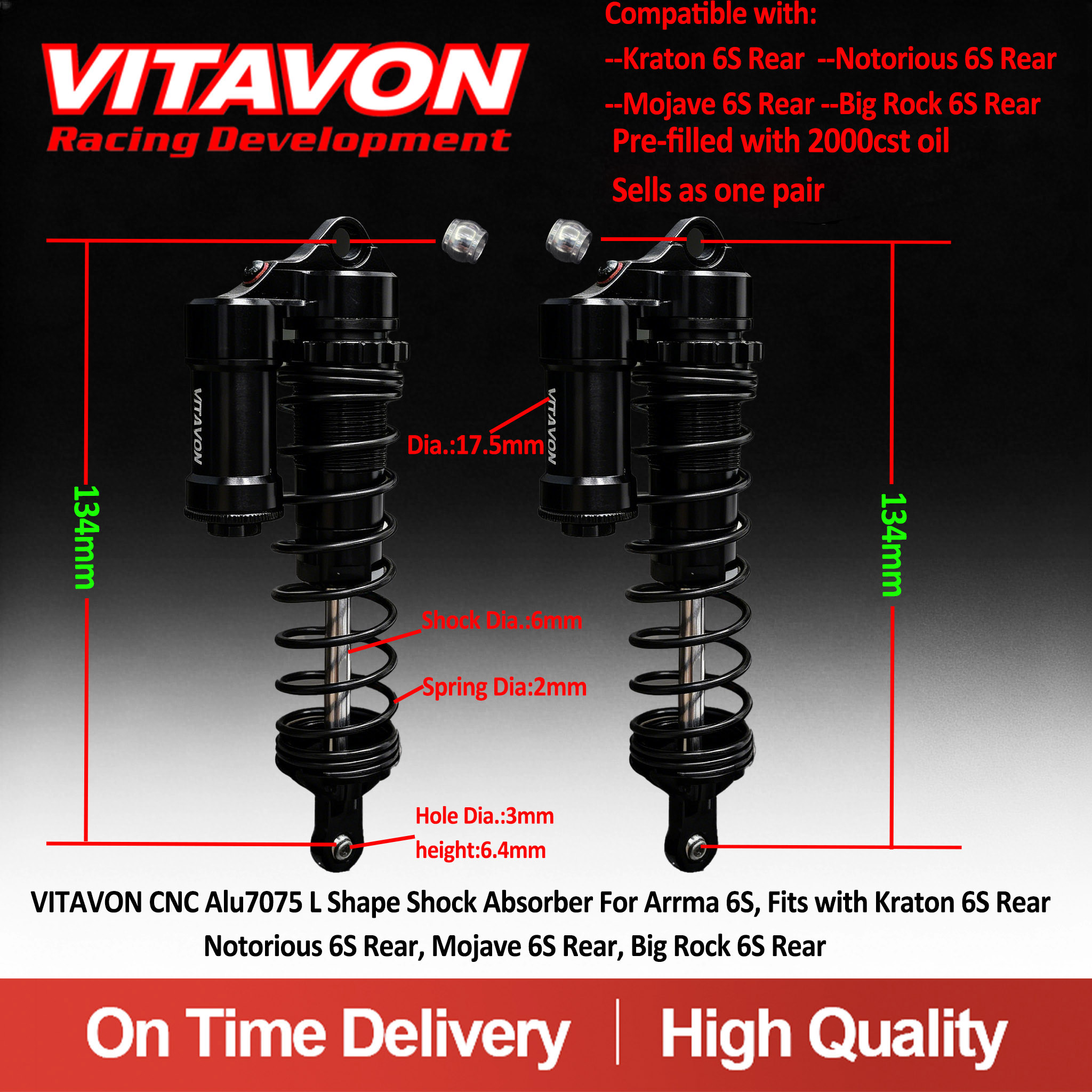 VITAVON CNC Alu7075 134mm L Shape Shock Absorber For Arrma 6S, Fits with Kraton 6S Rear,Notorious 6S Rear, Mojave 6S Rear, Big Rock 6S Rear