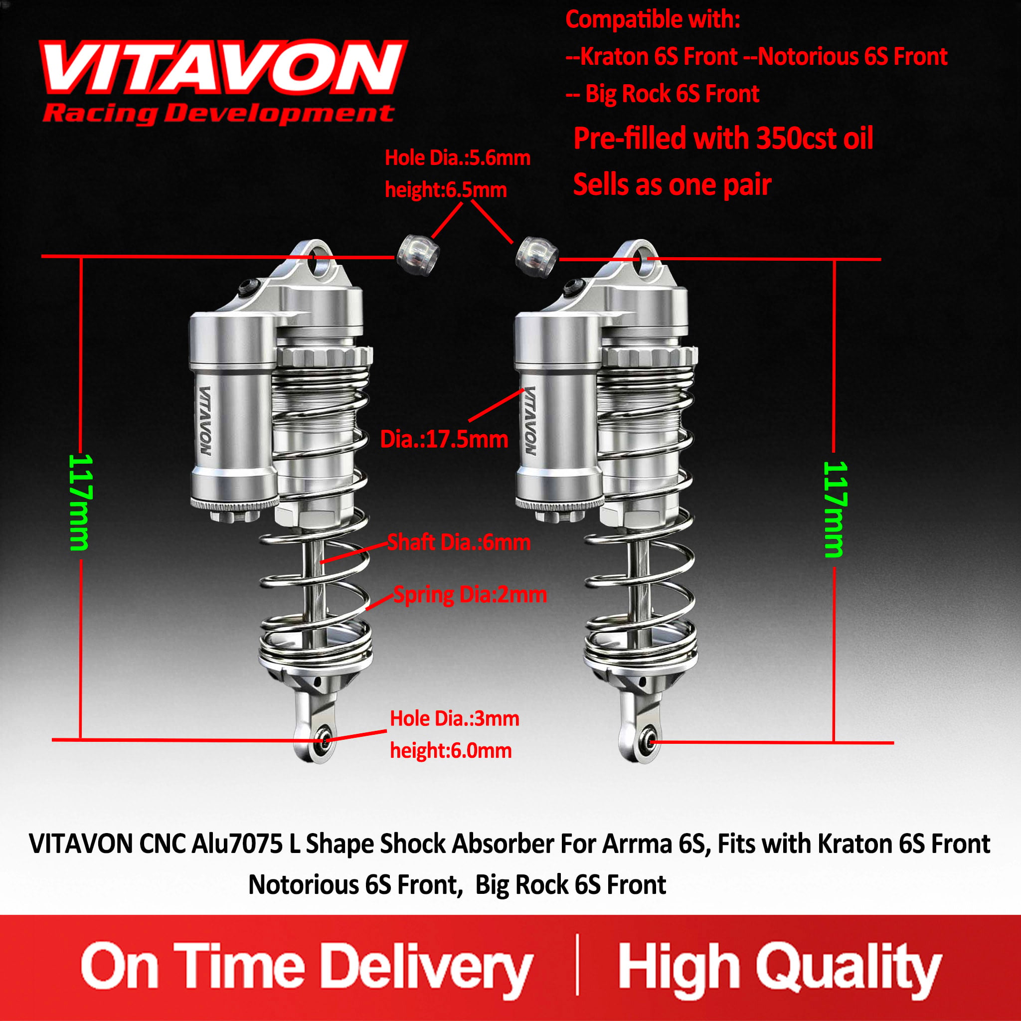 VITAVON CNC Alu7075 117mm L Shape Shock Absorber For Arrma 6S, Fits with Kraton 6S Front,Notorious 6S Front,  Big Rock 6S Front