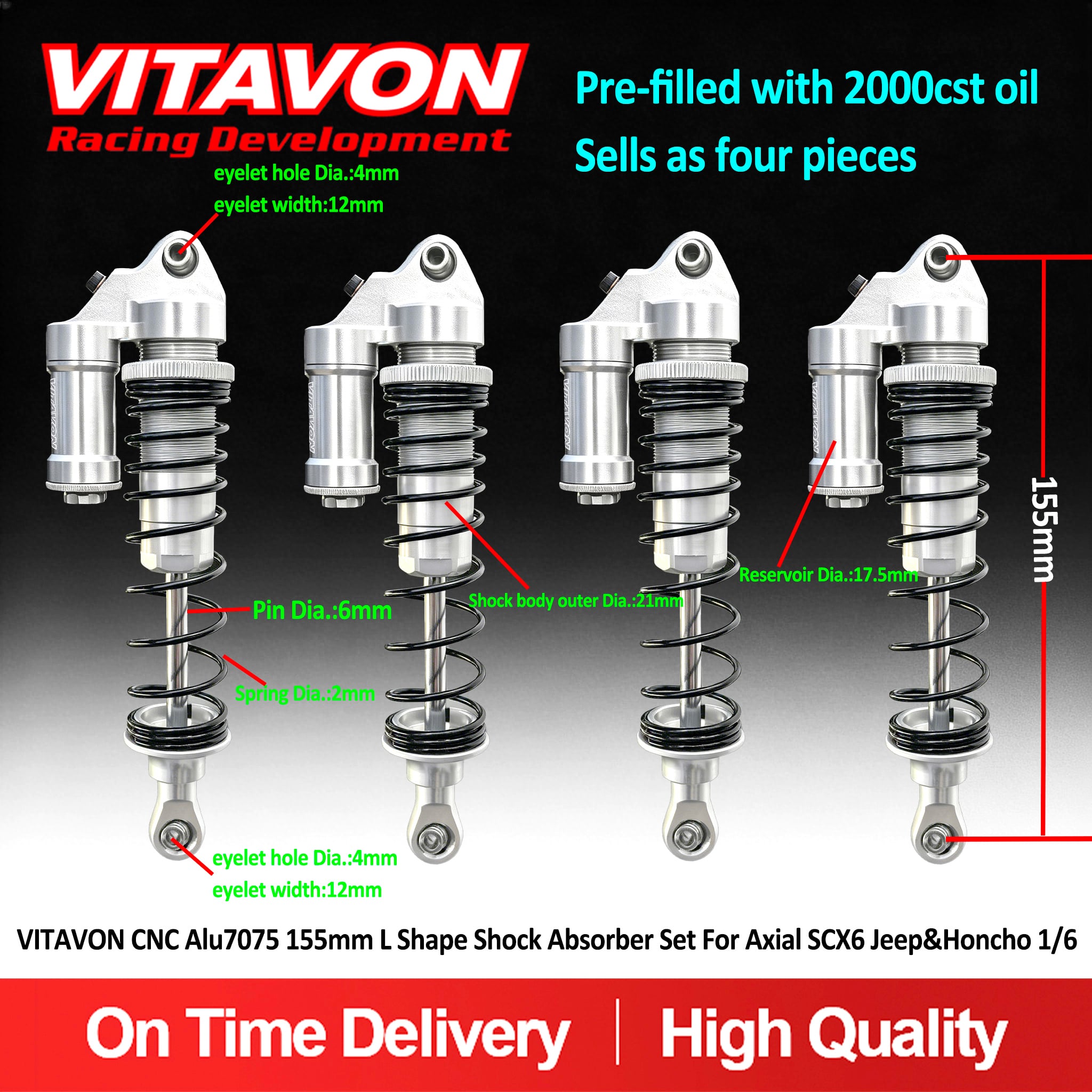 VitavonVitavon CNC Alu7075 Front & Rear Shocks Set 150mm for SCX6